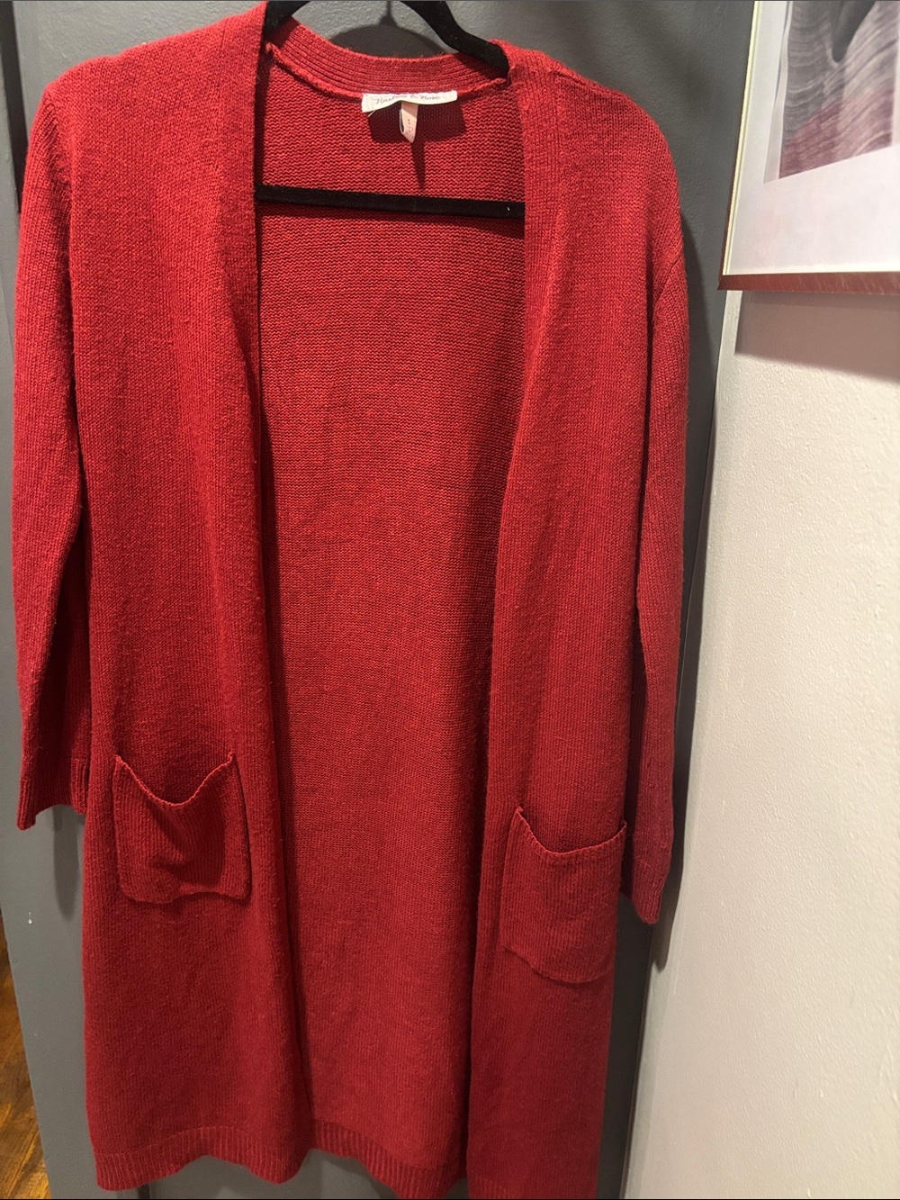 Open-Front Red Longline Women's Cardigan with Pockets